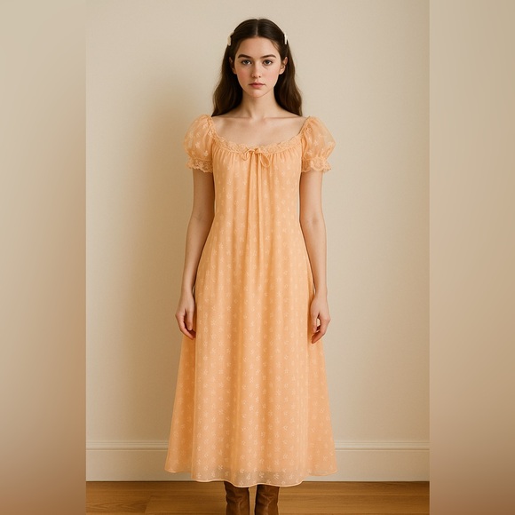 Vintage 60s/70s Peach Embroidered Maxi Gown – Bohemian Coquette - Picture 3 of 6